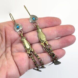 Boho Earrings, Afghan, Middle Eastern Vintage: Brass Silver 4" Long Chain